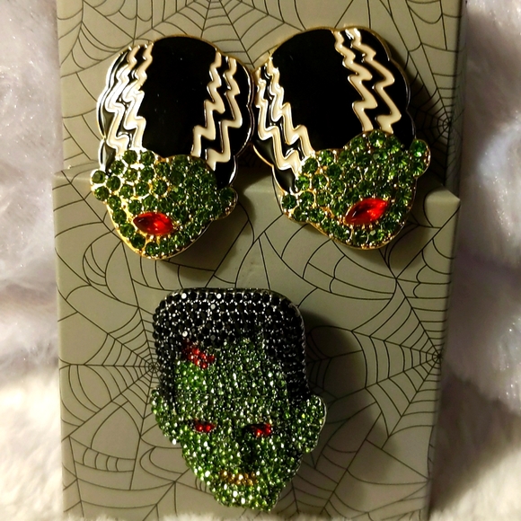NWOT Bride of Frankenstein Earrings With Frankenstein Brooch Metallic Bejeweled - Picture 8 of 13